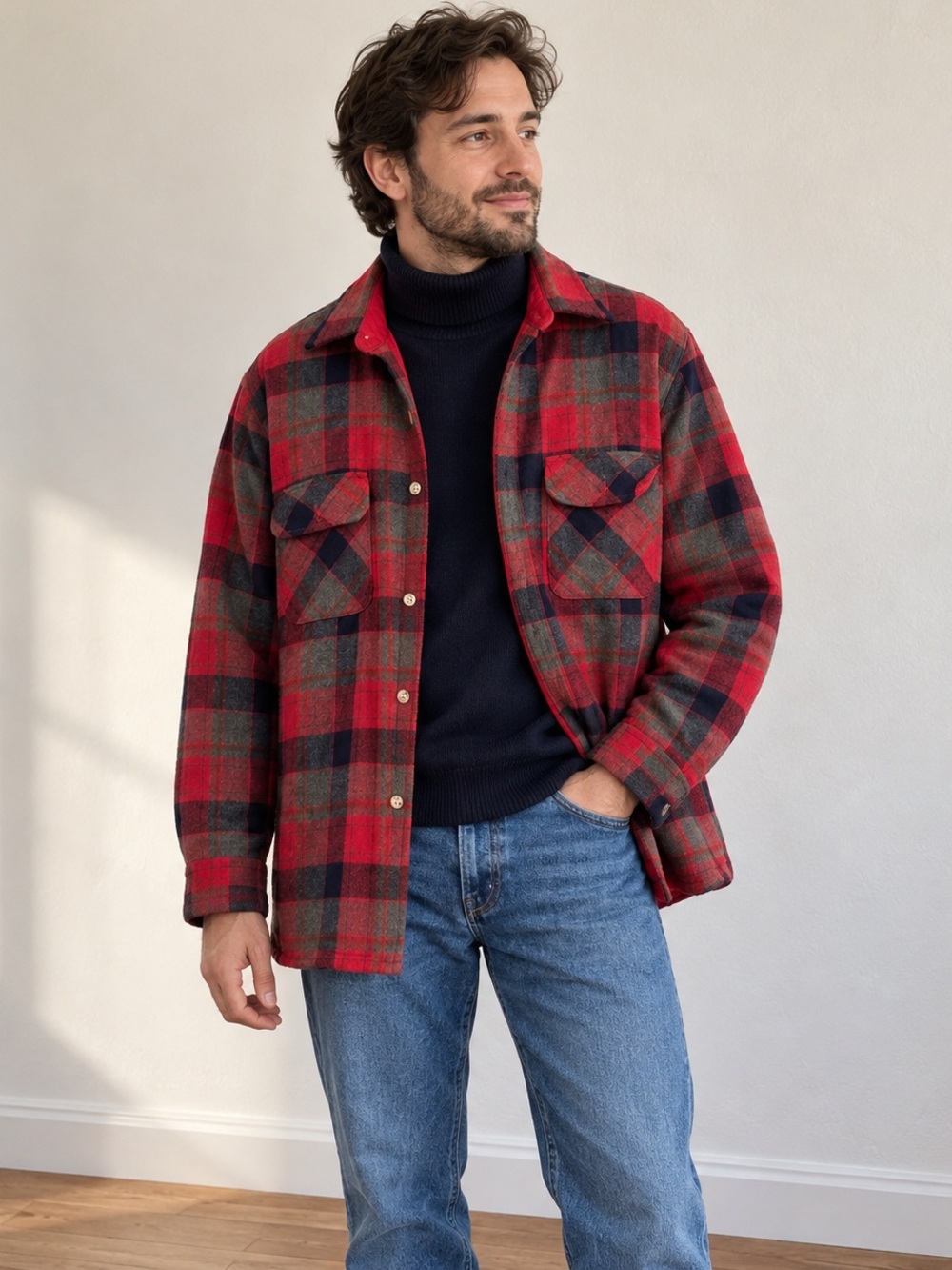 Vintage Greatland Mens Wool Blend Plaid Quilted Lined Shirt Jacket Red Gray